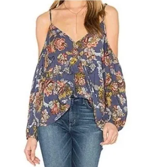 Bishop + Young Blue Romantic Floral Boho Cold Shoulder Blouse Women'S Sz L thumbnail 1