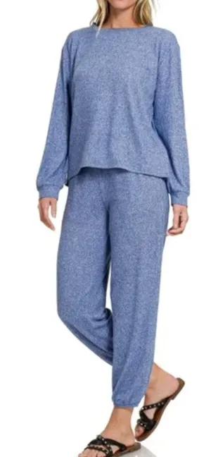 Zenana Small Matching Set Heather Blue Jogger Pant Long Sleeve Top thumbnail 1
