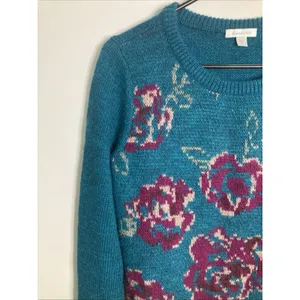Garnet Hill Intarsia Sweater Teal Magenta Roses Wool Blend Small thumbnail 2