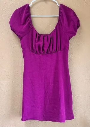 Lily Rose Womens Ruched Bust Puff Sleeve Tie Back Mini Dress Berry Purple Small thumbnail 1