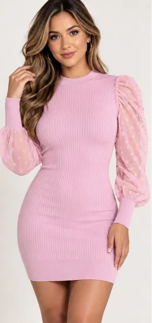 No Comment NY-LA Pink Ribbed Bodycon Sweater Dress Sheer Polka Dot Puff Sleeves thumbnail 1