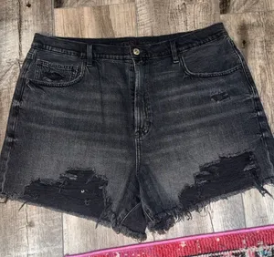 American Eagle Outfitters Black Distressed High-Rise Denim Shorts thumbnail 1