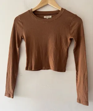 Madewell Fine Ribbed Supercrop Crewneck‎ Brown Long Sleeve Top thumbnail 1