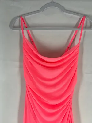 Haute Monde Neon Pink Draped Mesh Asymmetrical Maxi Dress Size S thumbnail 4