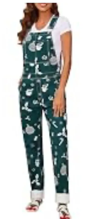 Forest Green Women's Holiday Print Overalls with Adjustable Straps small new thumbnail 1