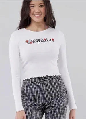 Hollister White Ribbed Embroidered Rose Logo Long‎ Sleeve Baby Tee Crop Top S thumbnail 1