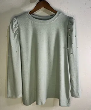 Cato Old Money Light Greenish Gray Knit‎ Top With Pearl Accents Size Large thumbnail 1