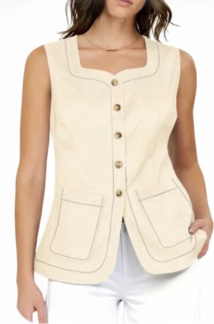 NEW Cream Square Neck Denim Vest Button Down Sleeveless Jean Waistcoat L thumbnail 1