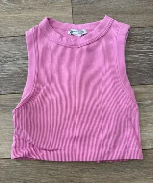 Zara Pink Ribbed Cropped High Neck Tank Top thumbnail 1