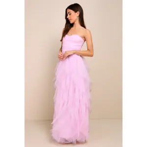 Lulus Delightful Beauty Pink Mesh Strapless Ruched Ruffled Maxi Dress XL NWT thumbnail 3