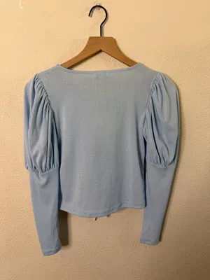 NWT Allina Liu Mitski Pointelle‎ Cardigan Baby Blue Tie Front Womens Size XXS thumbnail 9