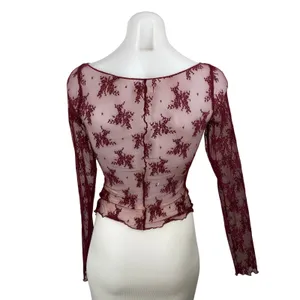 Free People Full Bloom Red Layering Mesh Sheer Lace Long Sleeve Blouse Top Sz XS thumbnail 4