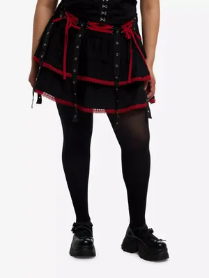 Hot Topic NWT Black & Red Lace Up Goth Punk Grommet Tiered Skirt 1 (XL) thumbnail 3