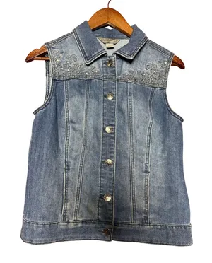 Premium Denim Christopher & Banks Women Small‎ Rhinestone Sleeveless Denim Vest thumbnail 1