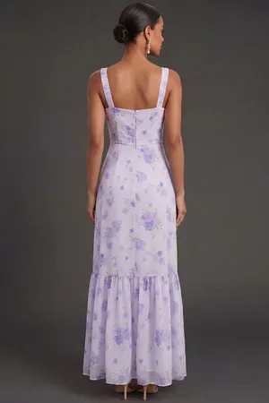 Formal Lilac Thick Straps Floral Sheath Maxi Dress w/ Slit thumbnail 2