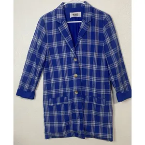 BB Dakota Steve Madden Women's Blue White Plaid Long Blazer Jacket Collared S thumbnail 16