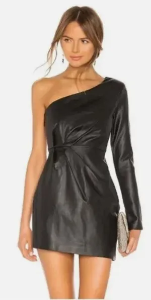 NBD Senia‎ One Shoulder Faux Leather Mini Dress Black Long Sleeve XXS NWT thumbnail 1