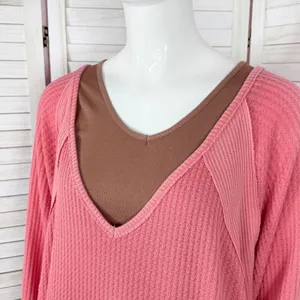 Free People Santa Clara Thermal‎ Oversized Shirt Coral Pink Orange Medium thumbnail 7