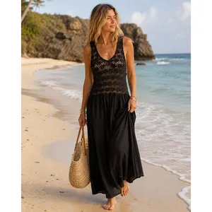 Aerie XL Maxi Dress Black Crochet Bodice Sleeveless Boho Summer Pocketed Resort thumbnail 3