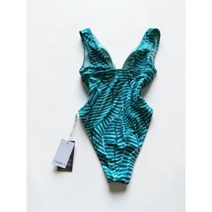 Vitamin A Sustainable‎ Swimwear Teal Palm Leaf One Piece Swimsuit Size S Cutout thumbnail 2