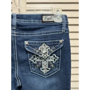 Earl Jeans‎ Med Wash Low Rise Skinny Bootcut Denim Jeans Size 1 Embroidered Gems thumbnail 7