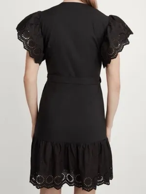 Maette Black Eyelet Cotton Poplin Wrap Mini Dress NWT thumbnail 2