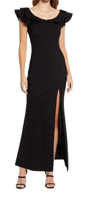 Elliatt Black Wide Neck Ruffle Shoulder Thigh High Slit Maxi Dress Wedding Guest thumbnail 1