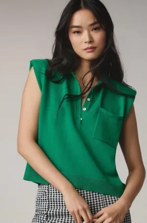 By Anthropologie Collared Polo‎ Muscle Sweater Tank Shirt Sz M Green thumbnail 1