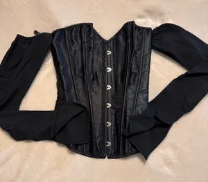 Womens hook and eye overbust corset top poet sleeves black S thumbnail 1