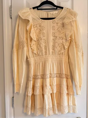 LoveShackFancy Santorini Mini Dress Small Cream Ivory Lace Ruffle Cottagecore‎ thumbnail 3