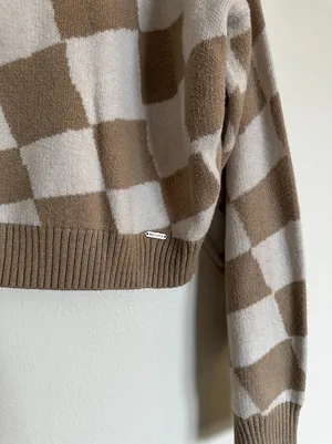 Hollister Brown White Checkered Cropped Sweater thumbnail 4