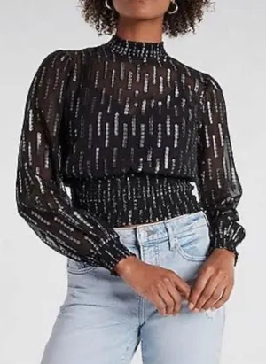 Express black and silver metallic smocked waist top. thumbnail 1