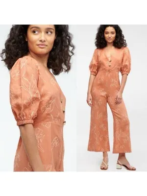 Capulet Isalina Linen Cropped Jumpsuit S Oleander Floral Puff Sleeve Wide Leg thumbnail 2