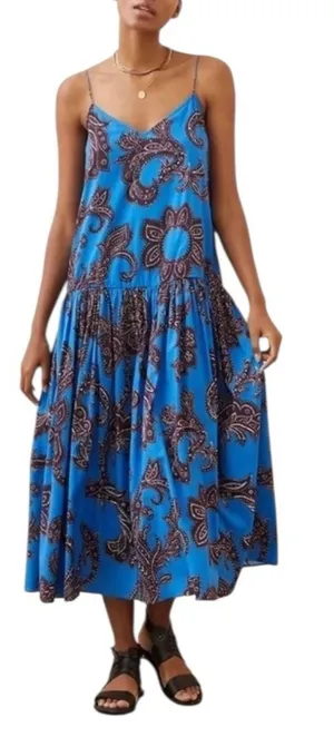 Anthropologie ATSU Blue Floral Paisley Flounced Midi Dress Size XS thumbnail 1