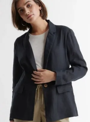 NWT Quince Women's XL European Linen Relaxed Blazer Black Coastal Corporate Flax thumbnail 1