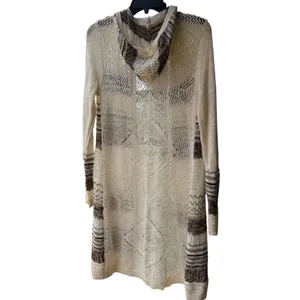 Cato Womens Open Knit Hooded Duster Cardigan Sweater Olive Brown Striped S NEW thumbnail 6