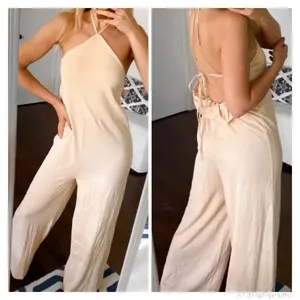 Zara Halter Ruffle Back Wide Leg Jumpsuit Beige Size Small Cotton Stretchy NWT thumbnail 3