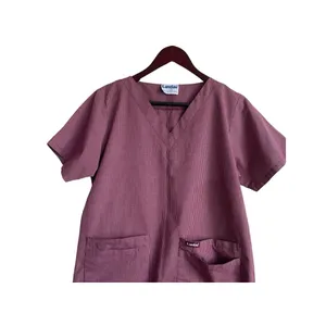 Landau Womens Scrub Top M Burgundy Check V-Neck 2 Pocket Medical Uniform Nurse‎ thumbnail 8