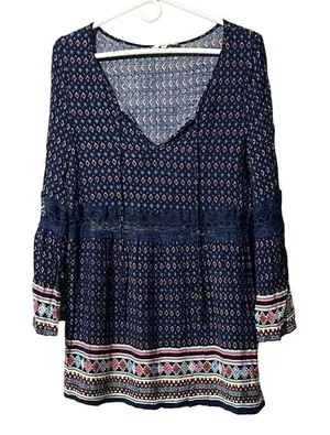 Entro Babydoll Mini Dress Size Medium Bell Sleeves‎ Lace Colorful Preppy Boho thumbnail 1