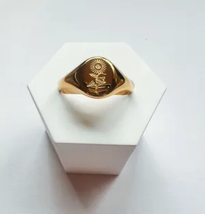 Gold ring engraved sunflower non tarnish, water resistant thumbnail 1