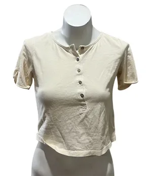 Free People Women's XS Beige Henley Tee Short Sleeve Casual Top thumbnail 1