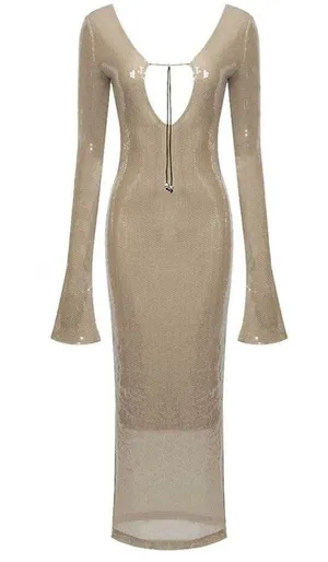 NWOT Meilun Deep V Dress Drawstring Long Sleeve Sequin Dress Long Gown, sz M thumbnail 1