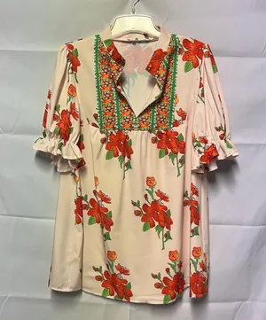 Women's Bohemian Floral Short Sleeve Top Size XL thumbnail 1