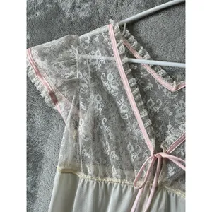 Vintage Lace Nightgown Dainty Ivory Pink‎ Sheer Cottagecore Romantic Milkmaid SM thumbnail 3