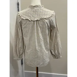 Fat Face Corduroy Ruffle Bib‎ Blouse Cream Blue Windowpane Plaid Size 4 Cottage thumbnail 2