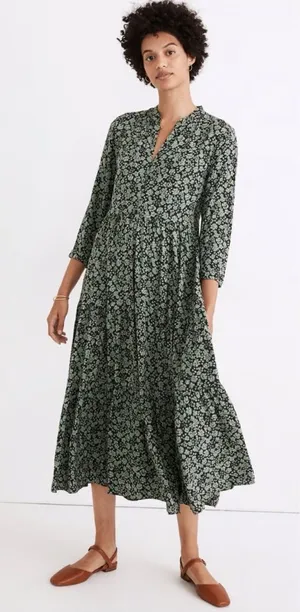 Madewell Green Floral Midi Dress | Size XS |‎ Long Sleeve thumbnail 1