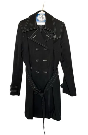 Vintage Banana Republic Black Cotton Trench Coat Contrast Stitch Belted L thumbnail 1