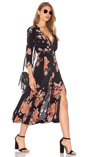 Free People Women Miranda Dress 2‎ Black Floral Whimsigoth Midi Date Night thumbnail 1
