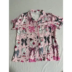 Pink Halloween Ghost Bow Pajama Set Short Sleeve Button Down Shorts Womens Large thumbnail 2