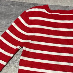 Red White Stripe Sweater Womens XS Ribbed Fitted Pearl Button Sleeve thumbnail 6